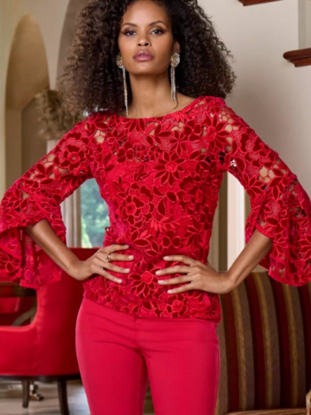 Boston Proper Velvet Lace Drama Sleeve Blouse